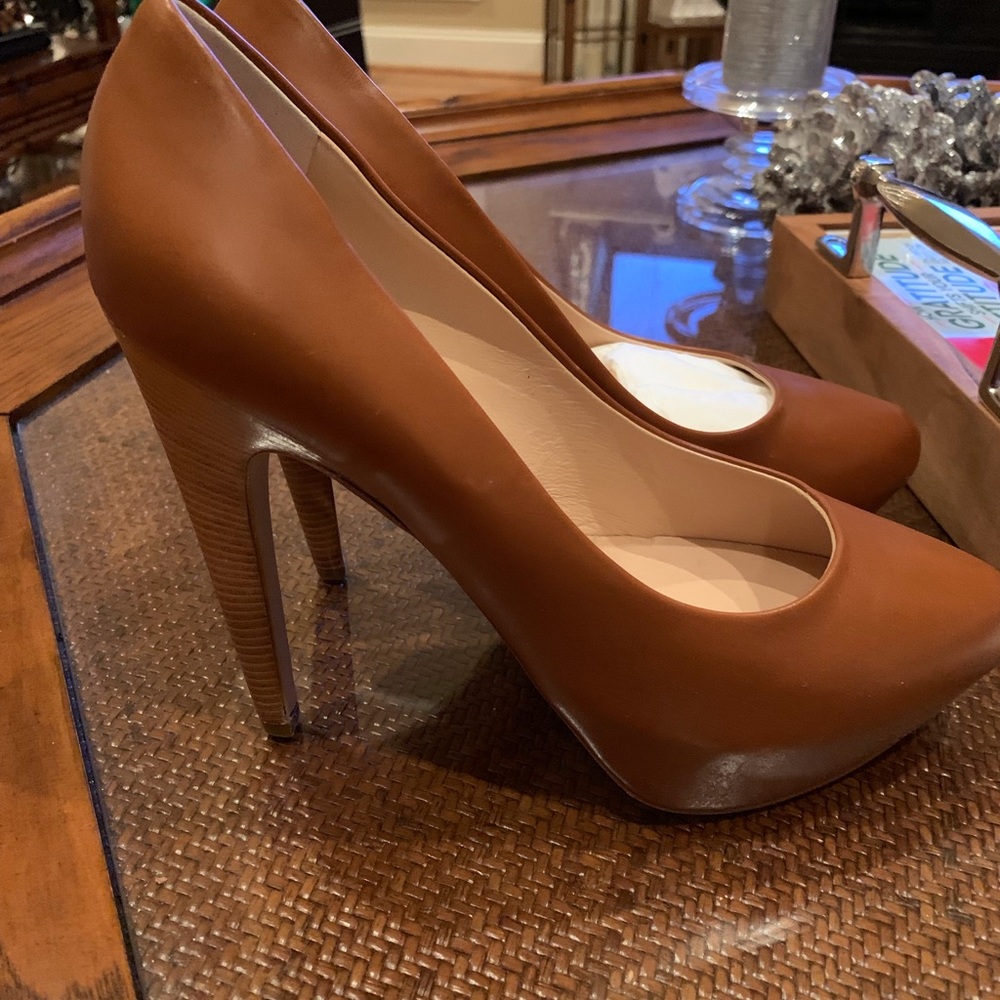 Camel color leather pumps